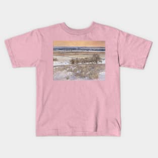 Pink Sunset Snowscape Oil on Canvas Kids T-Shirt